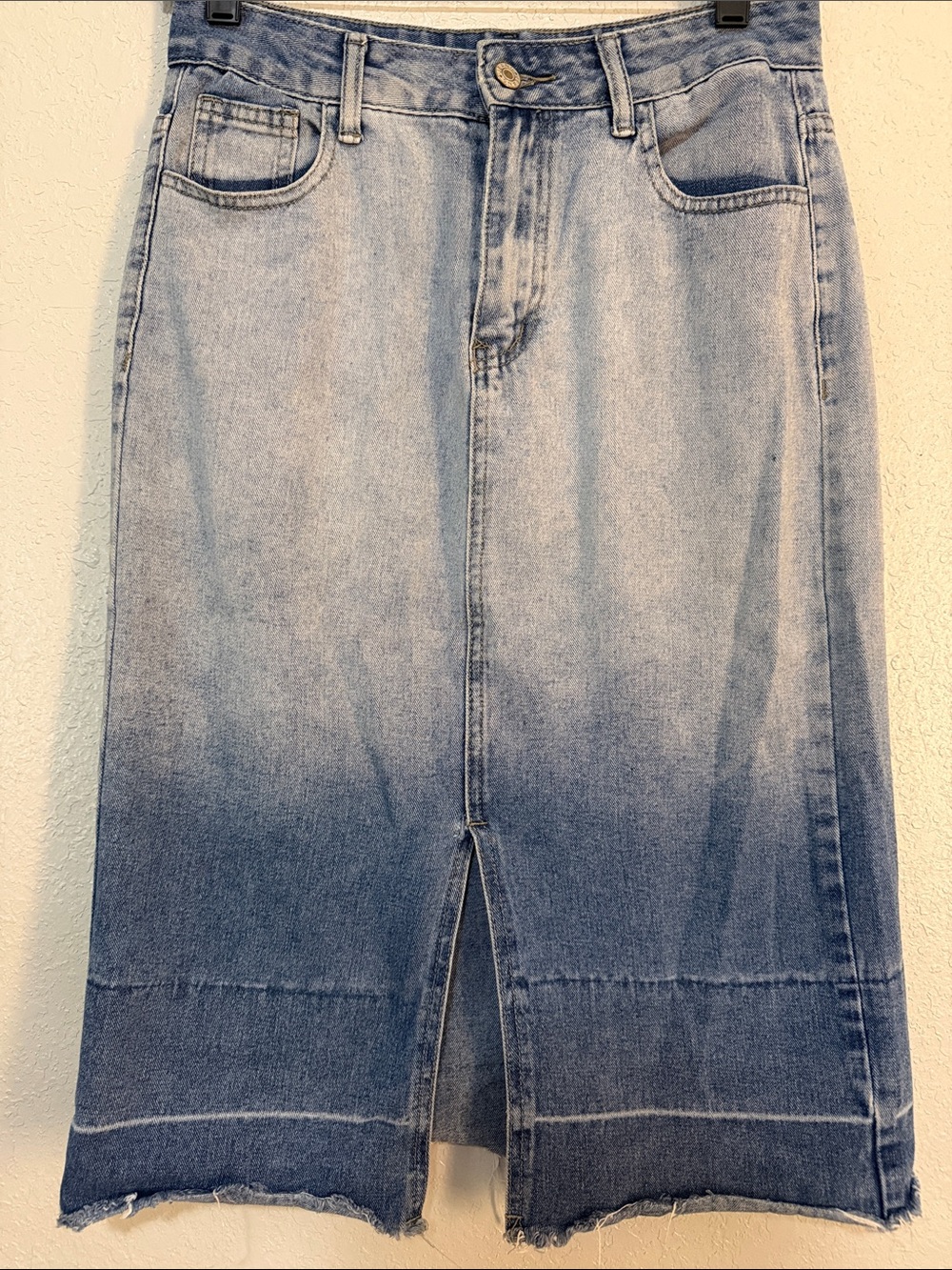 Two-Tone Light Blue Denim Midi Skirt with Front Slit